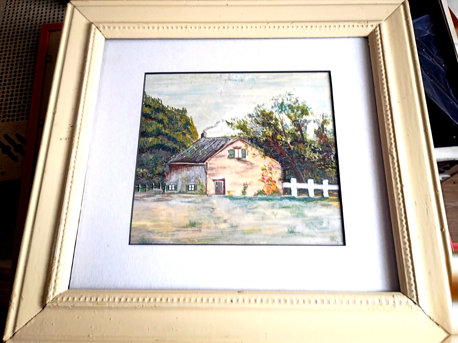 GREEN SHUTTER HOME House PAINTING PICTURE 6 1/2″ x 7 1/4″ mustard yellow FRAME
