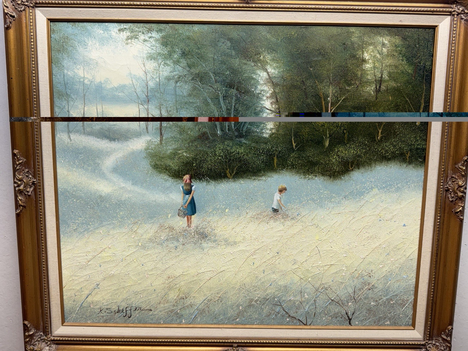 LARGE VINTAGE K SCHEFFER SIGNED OIL PAINTING LANDSCAPE FIGURE FRAMED
