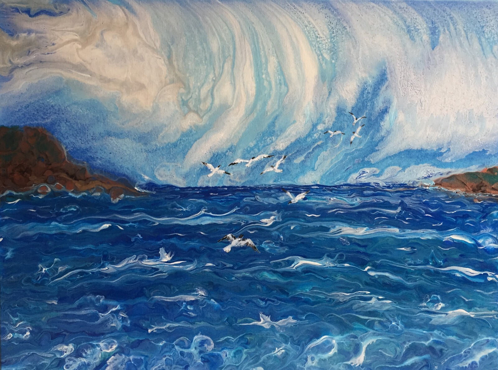 Original Ocean acrylic pour painting on large canvas Fluid art 24×32″