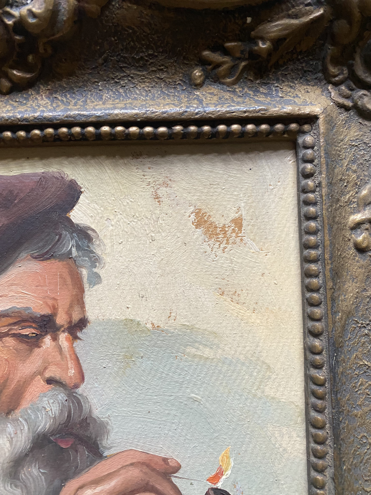 Oil Painting Portrait Man Old Pipe And Hat Everyday Life Signed Ricci