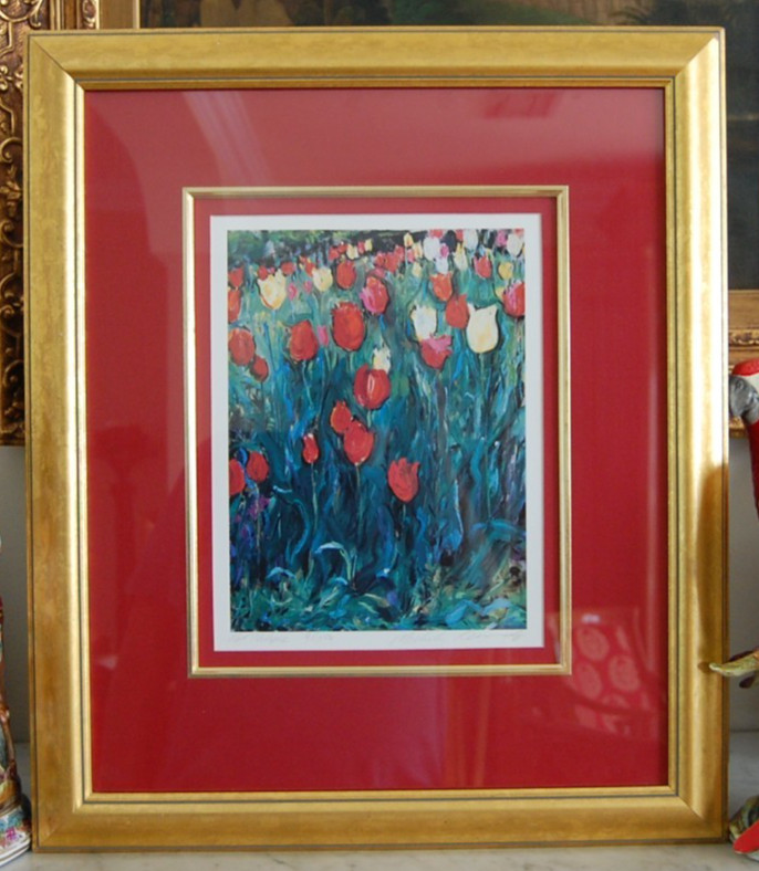 VTG MICHELE RICHARD KENNEDY SIGNED NUMBERED FRAMED COLOR LITHOGRAPH «RED TULIPS»