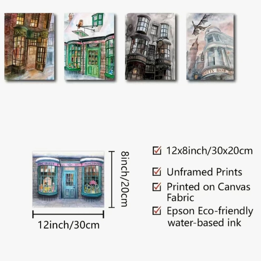 Canvas Art Watercolor Wizard Shop Paintings Set of 5. 8” x 12” Magic Shops