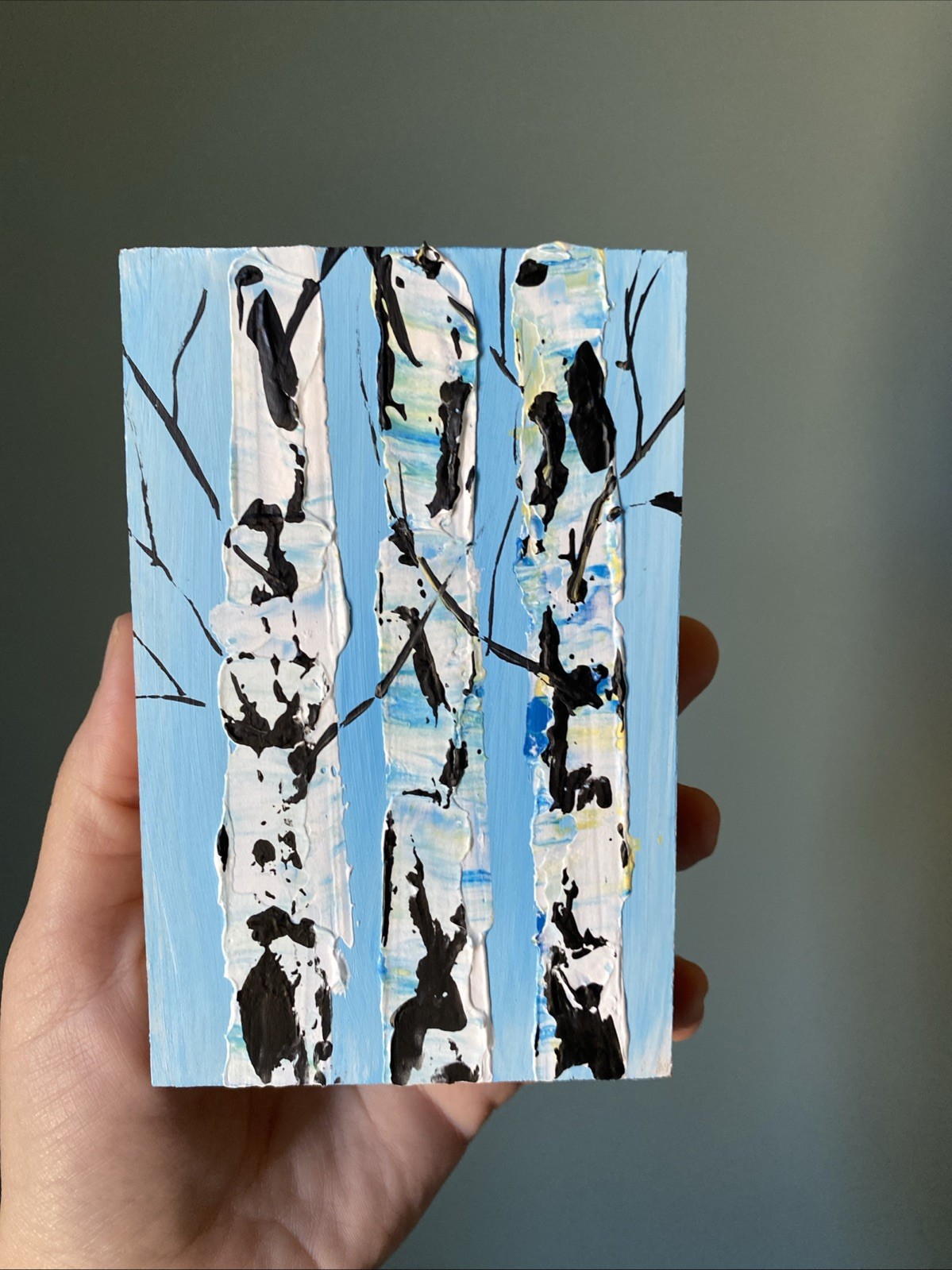 Birch Tree,trees ,flowers Original Acrylic Painting On Wood Block ,
