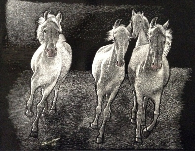 Here They Go! -Just Having Fun!! Galloping !-Reg. Board 11″x14″ Scratch Signed