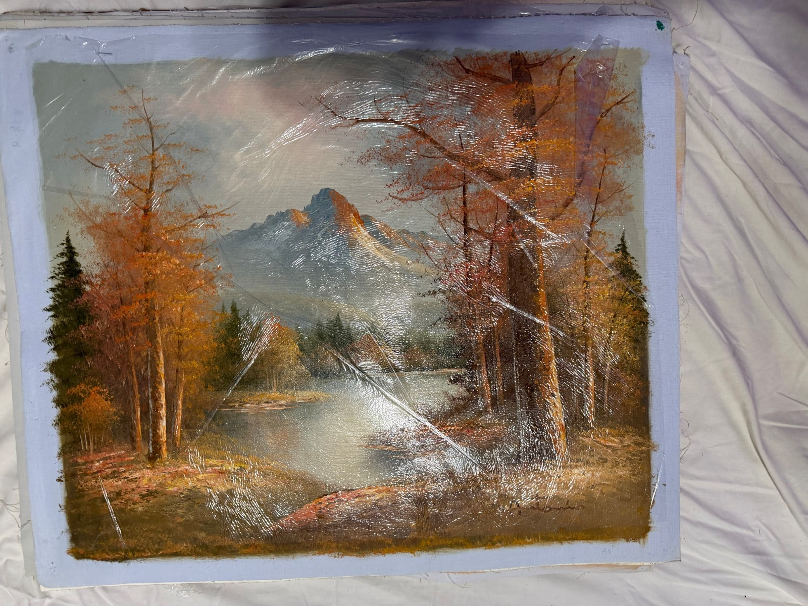 Vintage Autumn Landscape Oil Painting Waterfall Forest Fall Colors Art