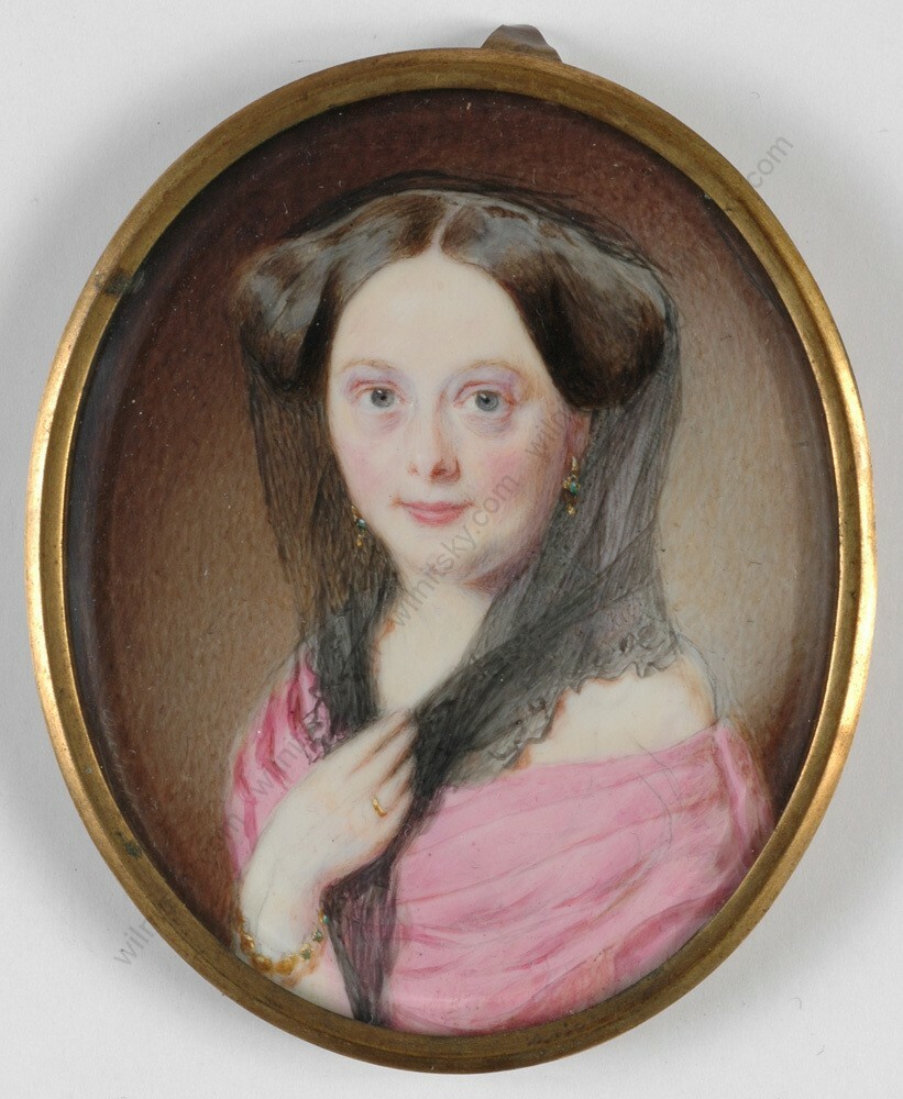 Matthias Grilhofer (1800-1860) «Lady in pink dress» published miniature 1840s(m)