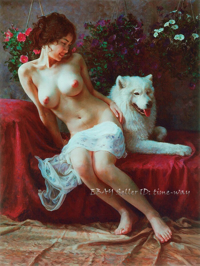 Beautiful girl & white dog Oil painting Wall art Giclee Printed on Canvas P1203