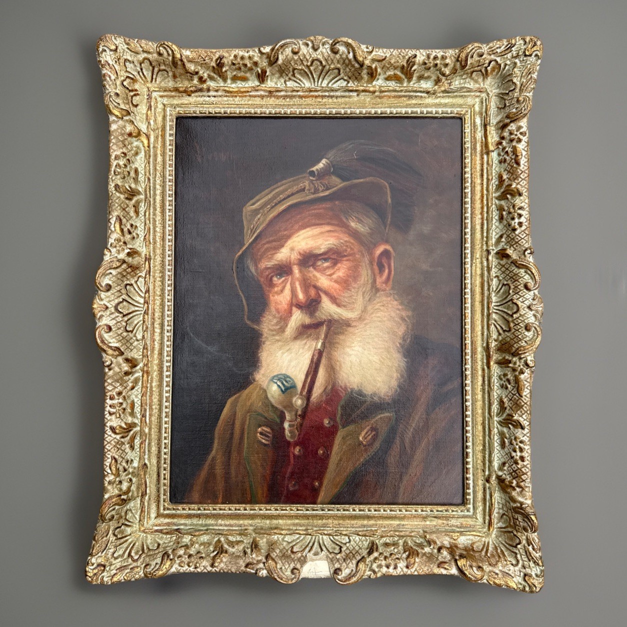 Antique German Robert Emil Stubner Man w/ Pipe Portrait Oil Painting On Canvas