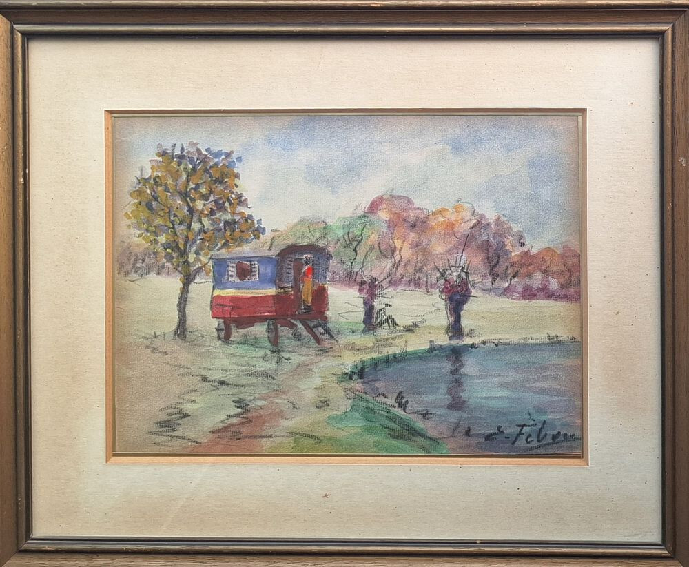 EDOUARD FEBVRE (1885-1967) WATERCOLOR SIGNED TRAILERS SUBURBAN GYPSIES circa1930