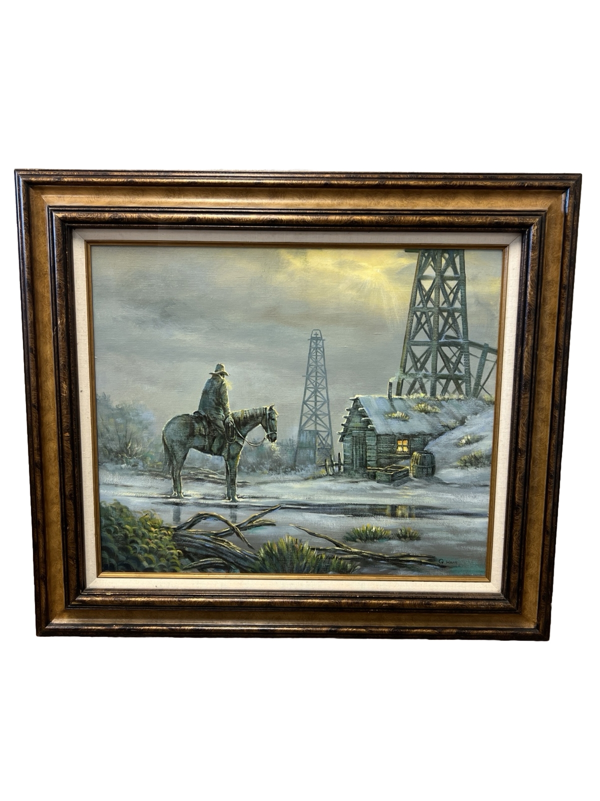 G. Hrat Oil Art Painting Wooden Frame 32”/28” A Man On Horse Village Landscape