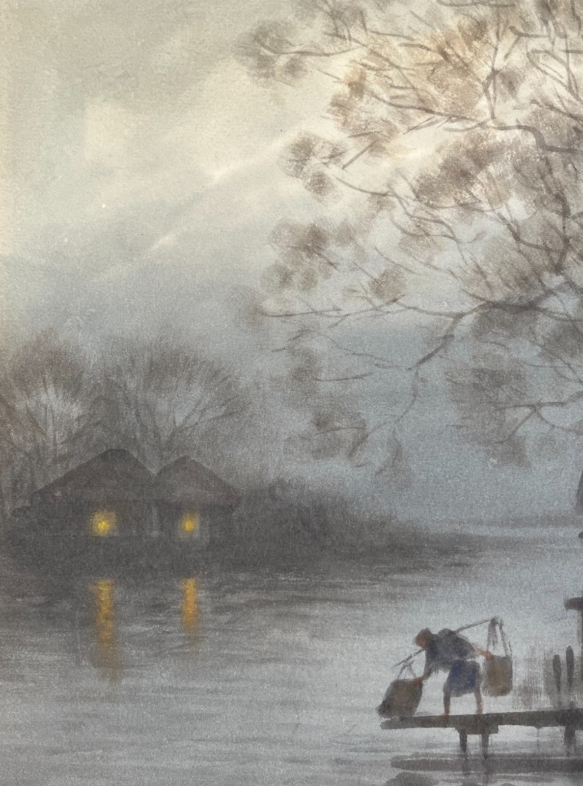 S. Tosuke » Moonlit Landscape» Original Watercolor Painting on Cardboard. 1930s