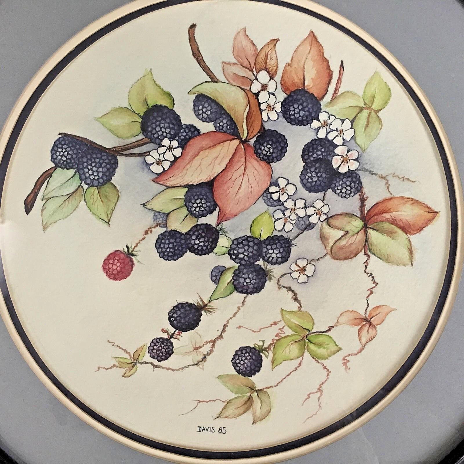 Blackberry Framed Wall Art Signed Davis 85 Round Frame 15 1/2″ Watercolor?