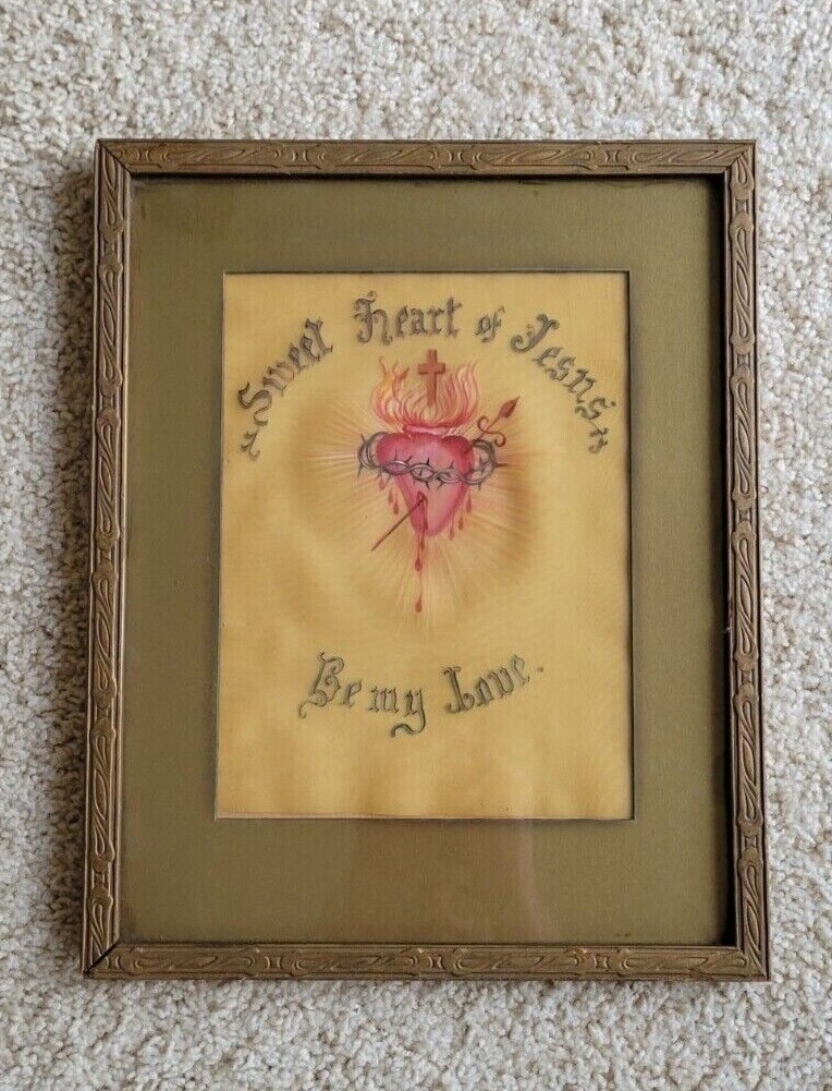 Vintage «Sweet Heart of Jesus, Be My Love» Silk Catholic Christian Painting Art