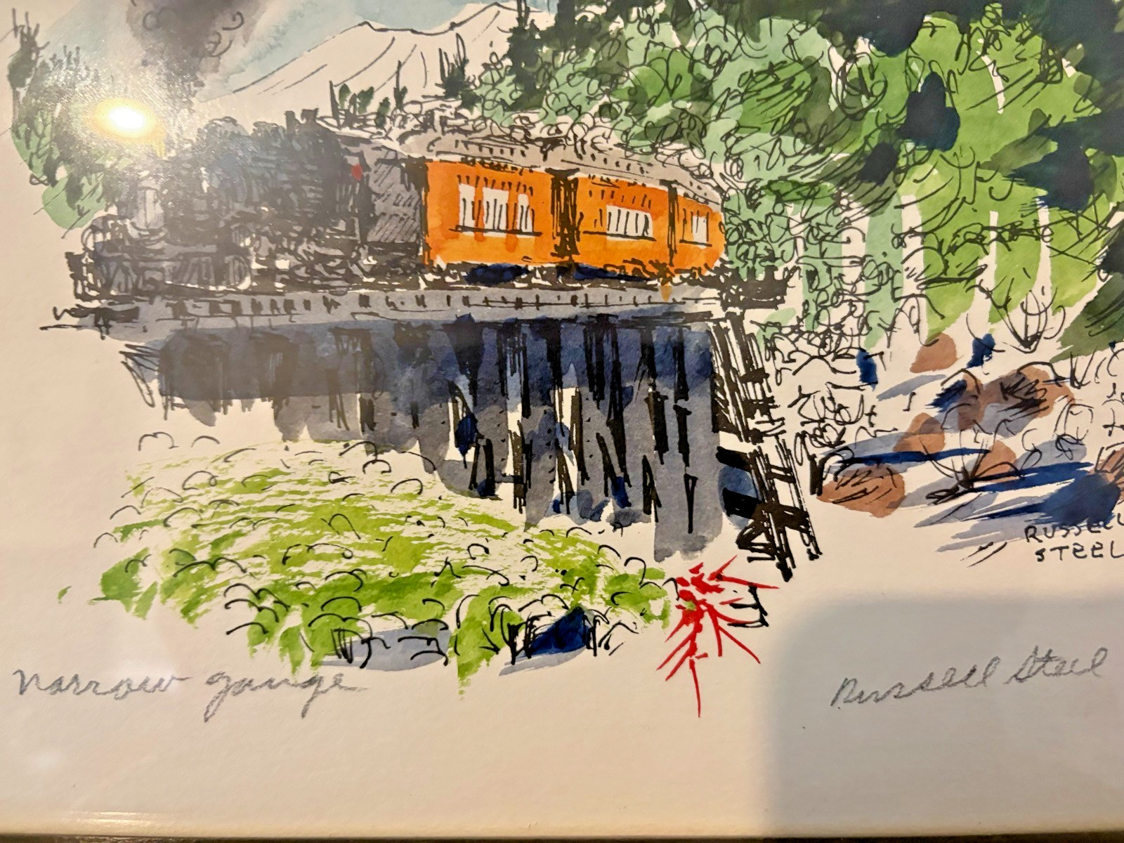 Original Watercolor Ink Painting SIGNED Russell Steel Train Railroad Narrow Gaug