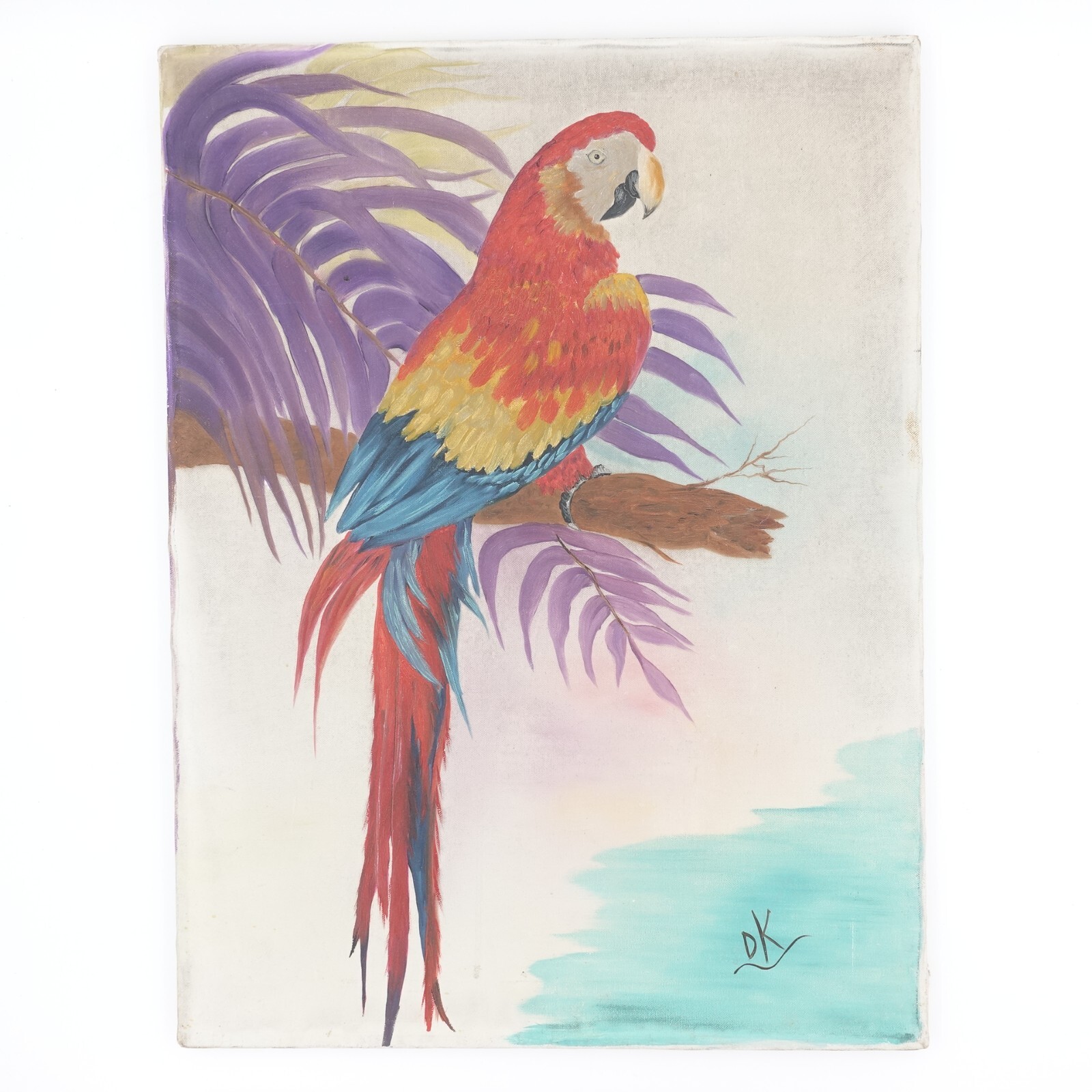 Vintage Scarlet Macaw Parrot on Branch Painting 18 x 24 Unframed Signed DK
