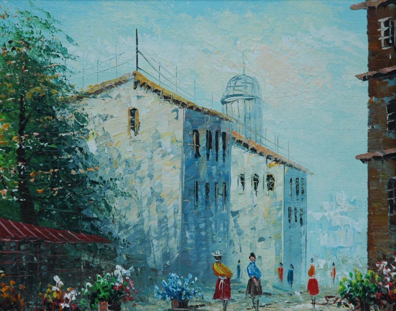 Beautiful Small Work Oil on Canvas of a European City Scene Illegibly Signed