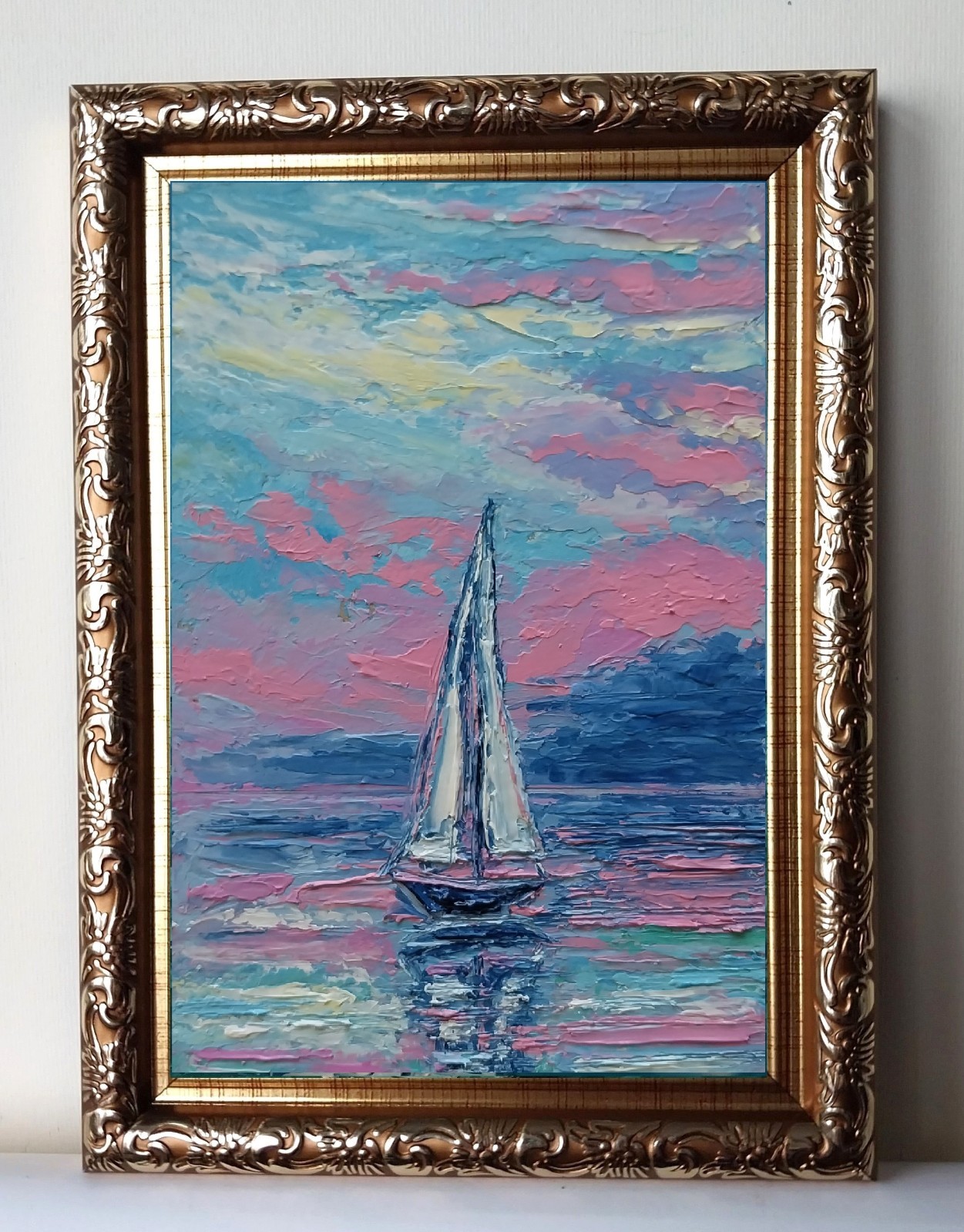 Framed Sailboat Art Mini Calm Seascape Pink Sunrise 4×6” Original Oil Painting