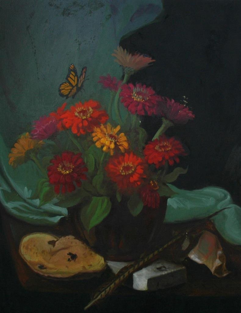 Oil on Masonite Still Life With Zinias and A Butterfly Signed E. S. de Vor