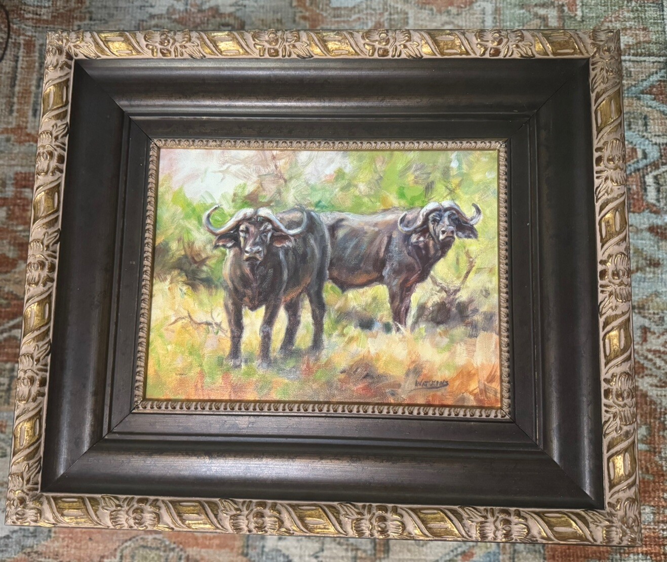 “Kakulis” Painting Framed & Signed of Water Buffalo By Artist PEGGY WATKINS 12×9