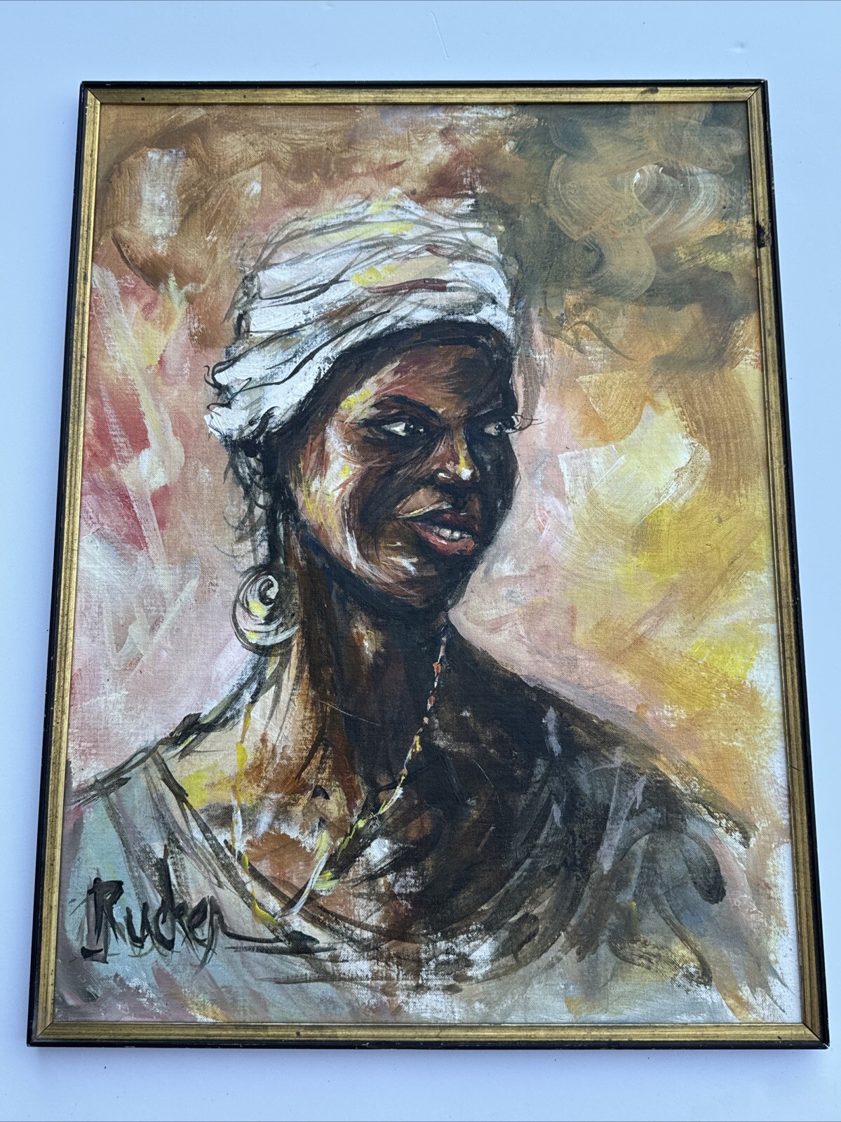 ROBERT RUCKER PAINTING BLACK PORTRAIT LISTED FAMOUS LOUISIANA WOMAN MID CENTURY