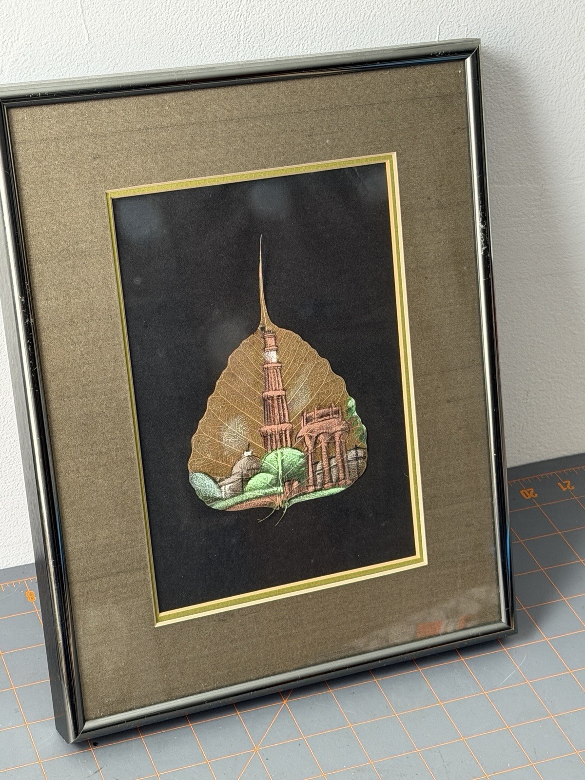 Vintage Pipal Leaf Painting Qutb Minar Framed