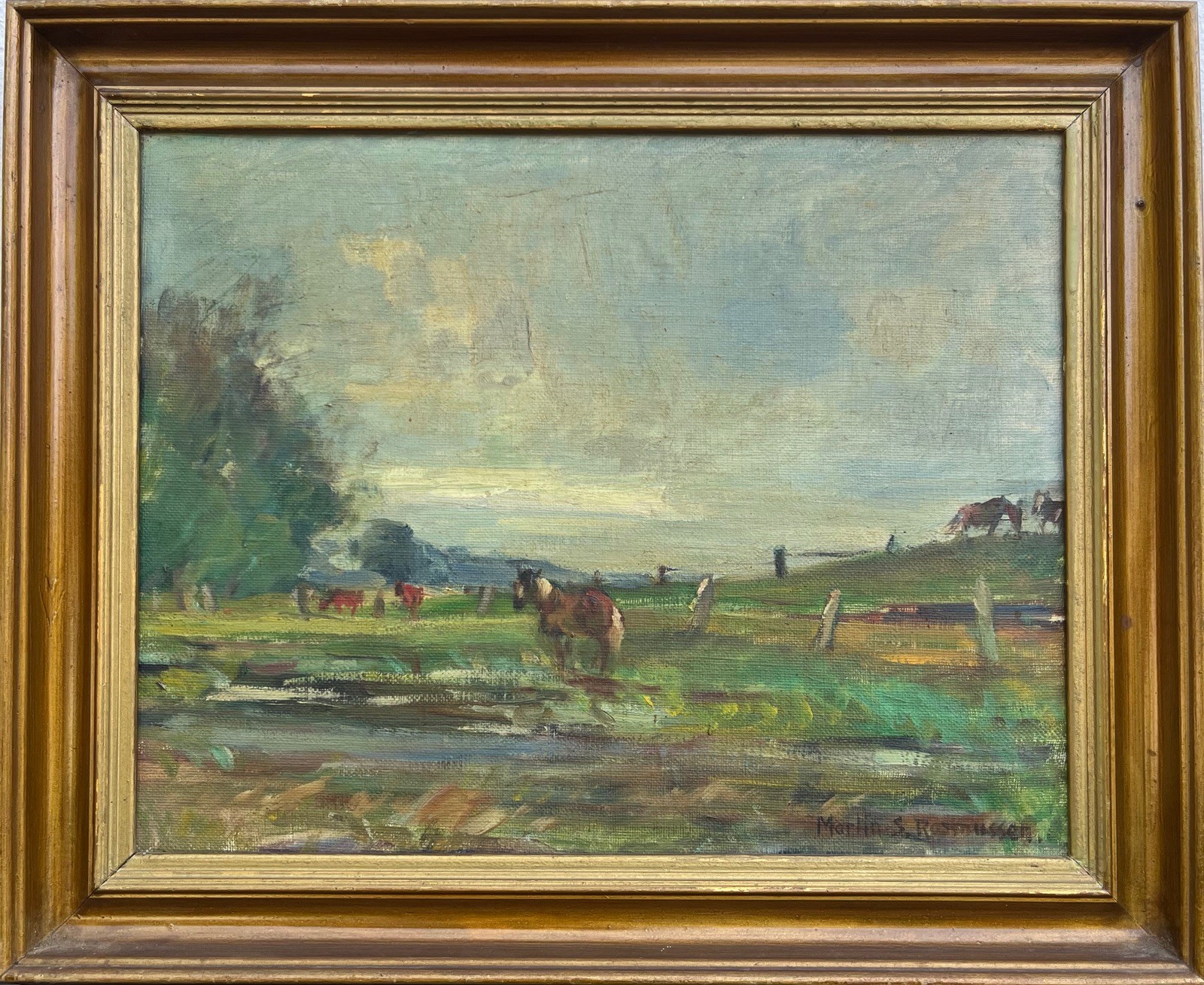 Martin S. Rasmussen 1883-1971 Summer Landscape With Horses Oil Painting Framed