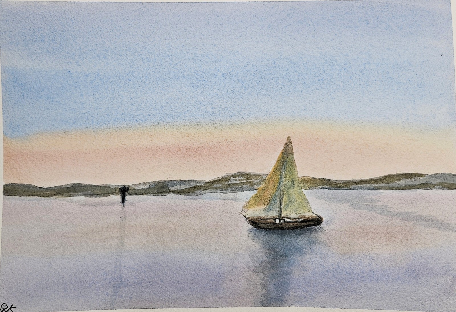 riginal Watercolor Painting Sailboat Sunset Ocean Landscape 10×7 Signed EWK