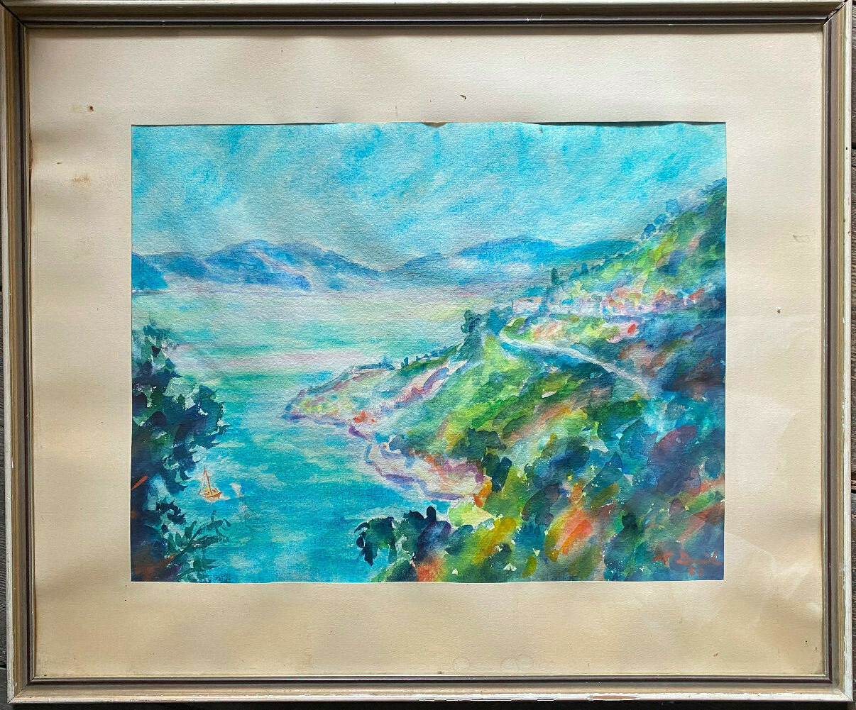 ::SOUTHERN COAST WATERCOLOUR 1957 SIGNED ILLEGIBLE °BAY WATERS SEA ITALY