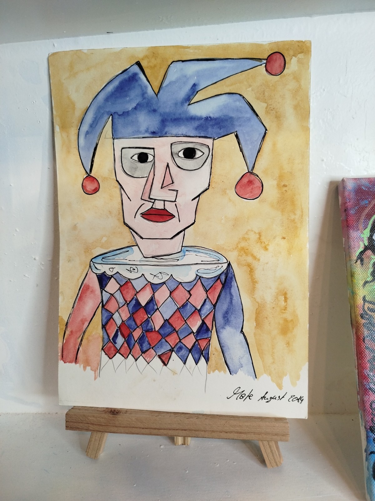 Harlequin watercolour painting unique signature approx. A4 from 2014