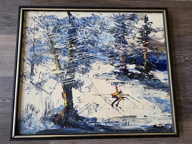 Morris Katz 1978 Signed Oil Painting on Masonite Winter Snow Scene w/ a Skier