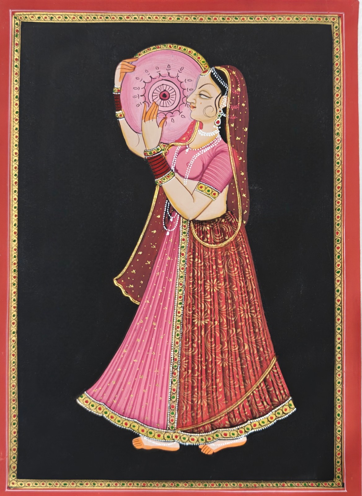 Handmade Indian Miniature Silk Painting Rajasthani Woman Playing Hand Drum 9×12″