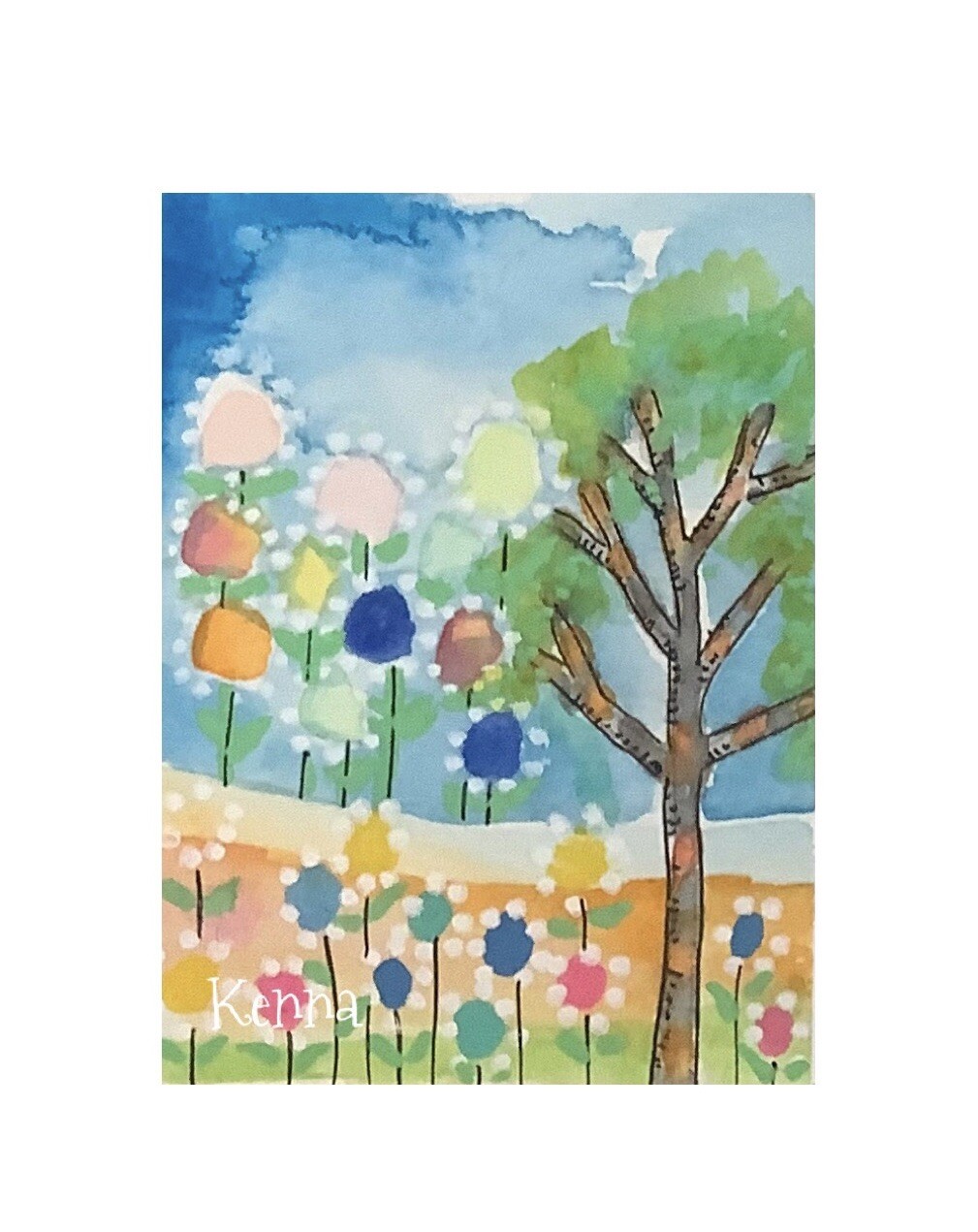 Aceo By Kenna Painting Original Tree In Garden 2.5” X 3.5” Signed