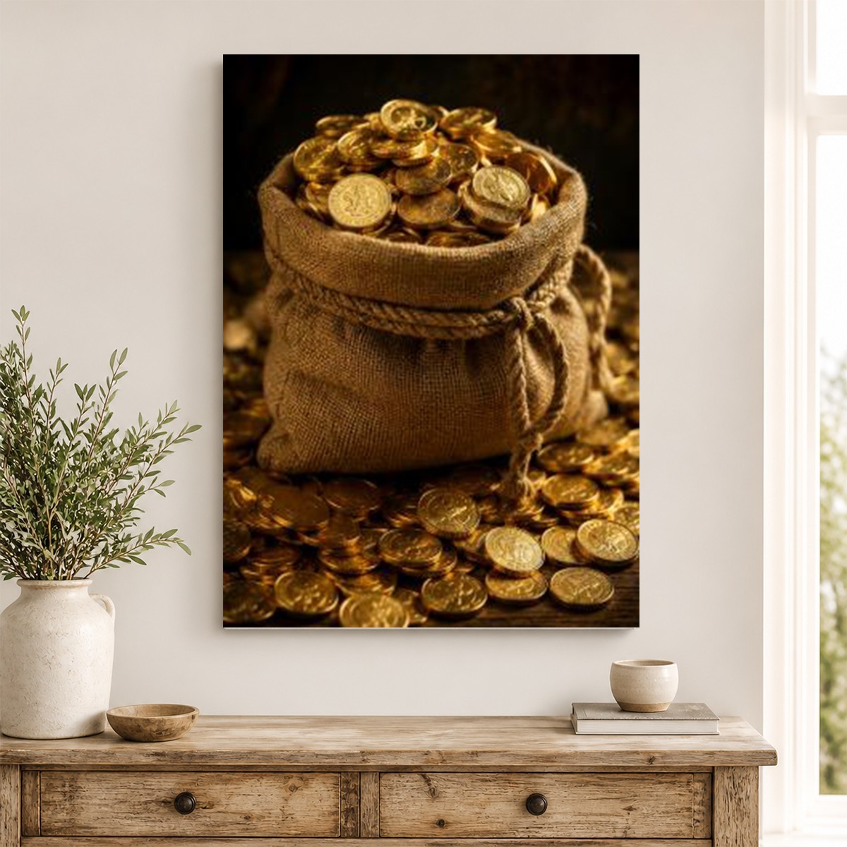 Gold Coins Money Bag Canvas Wall Art Wealth Treasure Print Rustic Luxury Home