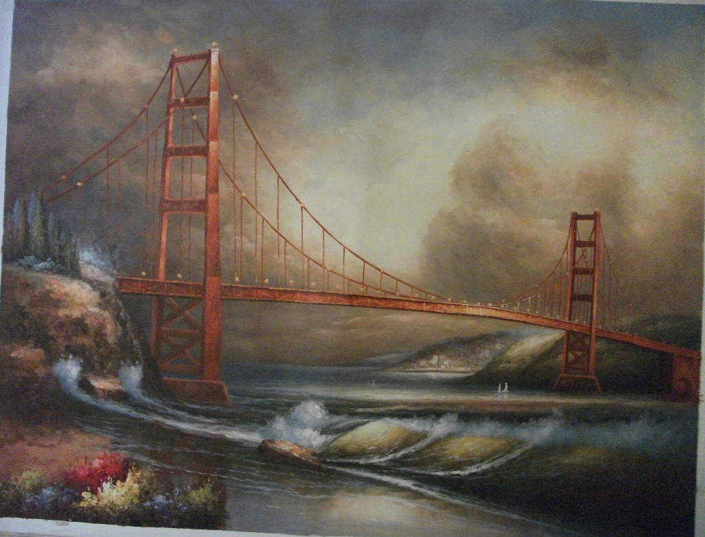 Hand painted and signed Huge bridge art OIL PAINTING ON CANVAS, 36″ x 48″