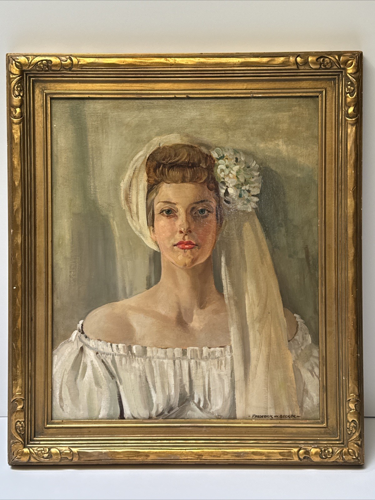 Antique Portrait Painting Pretty Woman Female Carved Frame Frederick Becker 24”