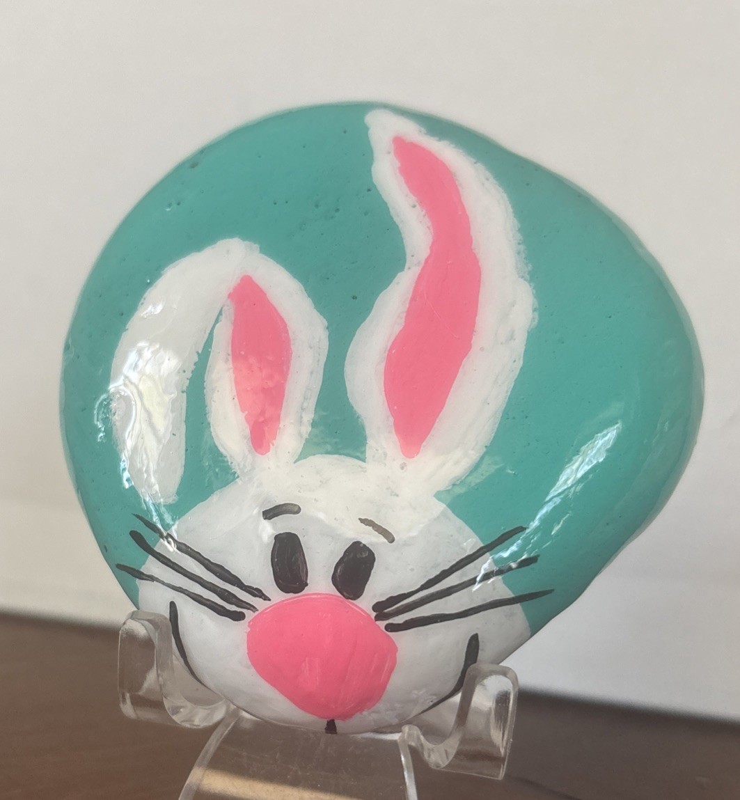“Happy Bunny” Hand Painted Rock/Stone Collectible Garden Decor Outdoor art Gift