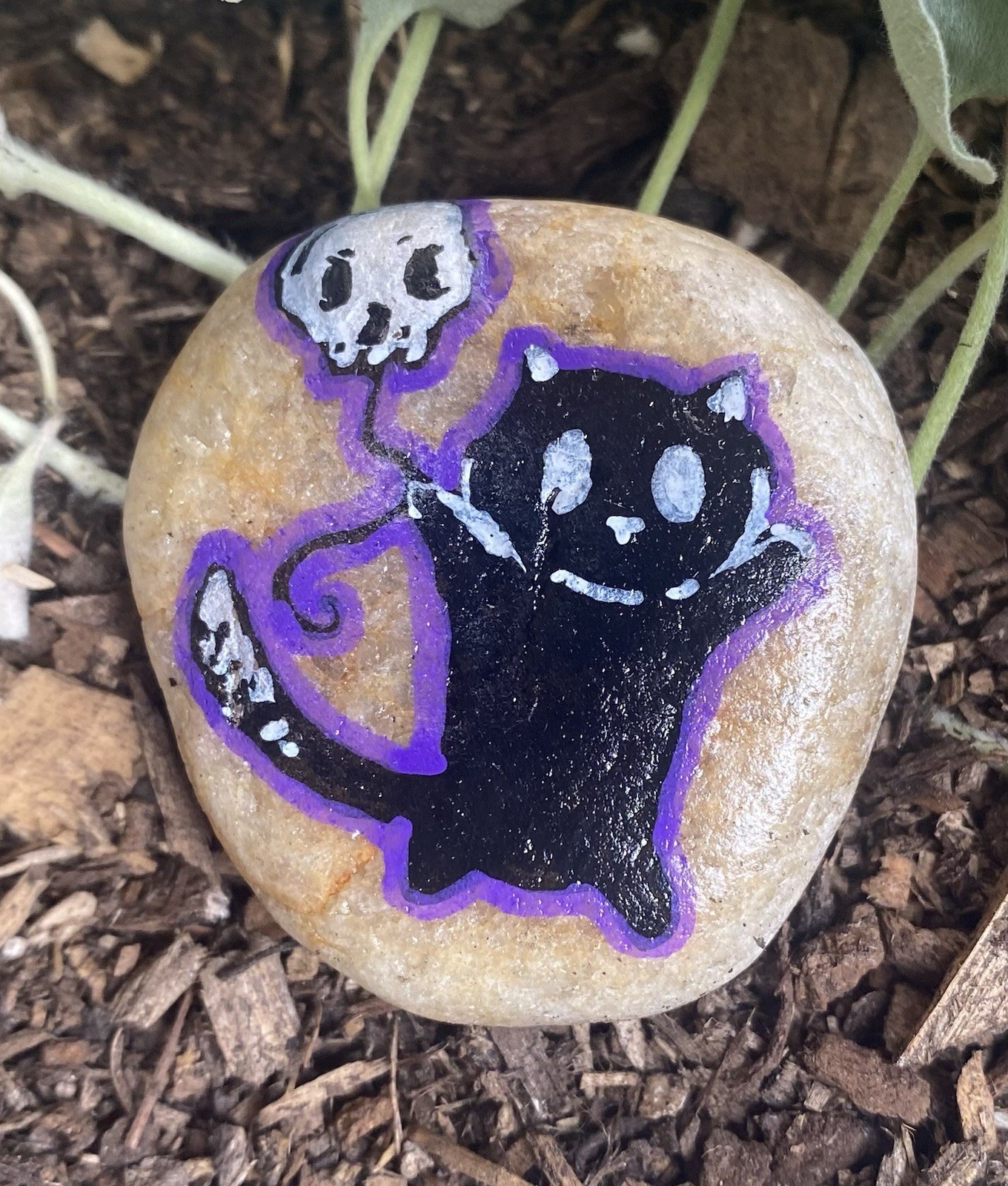 Hand Painted Rock “Black Cat W/ Skull” Acrylic Art Decor, Gift, Halloween