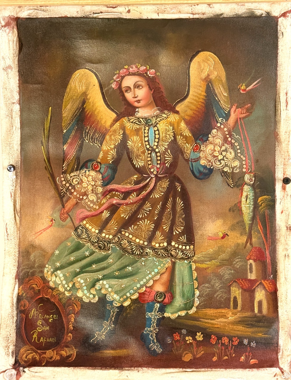 Vintage Arch Angel San Rafhael Oil Painting 15 1/2x 11 3/4 Unframed Mexico