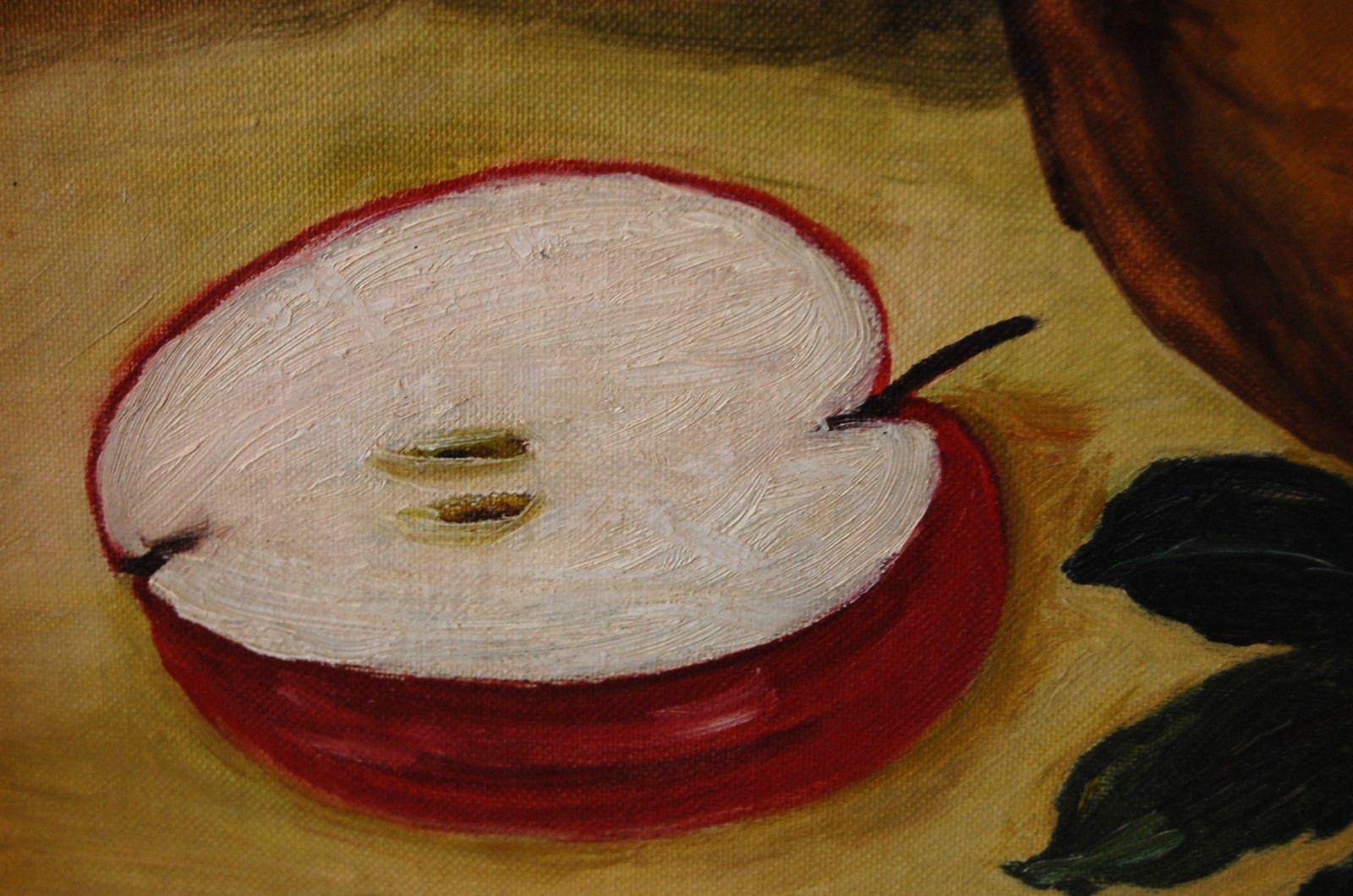VTG 1950’S MCM FRAMED ORIGINAL PRIMITIVE FOLK ART OIL APPLES & POT A STILL LIFE