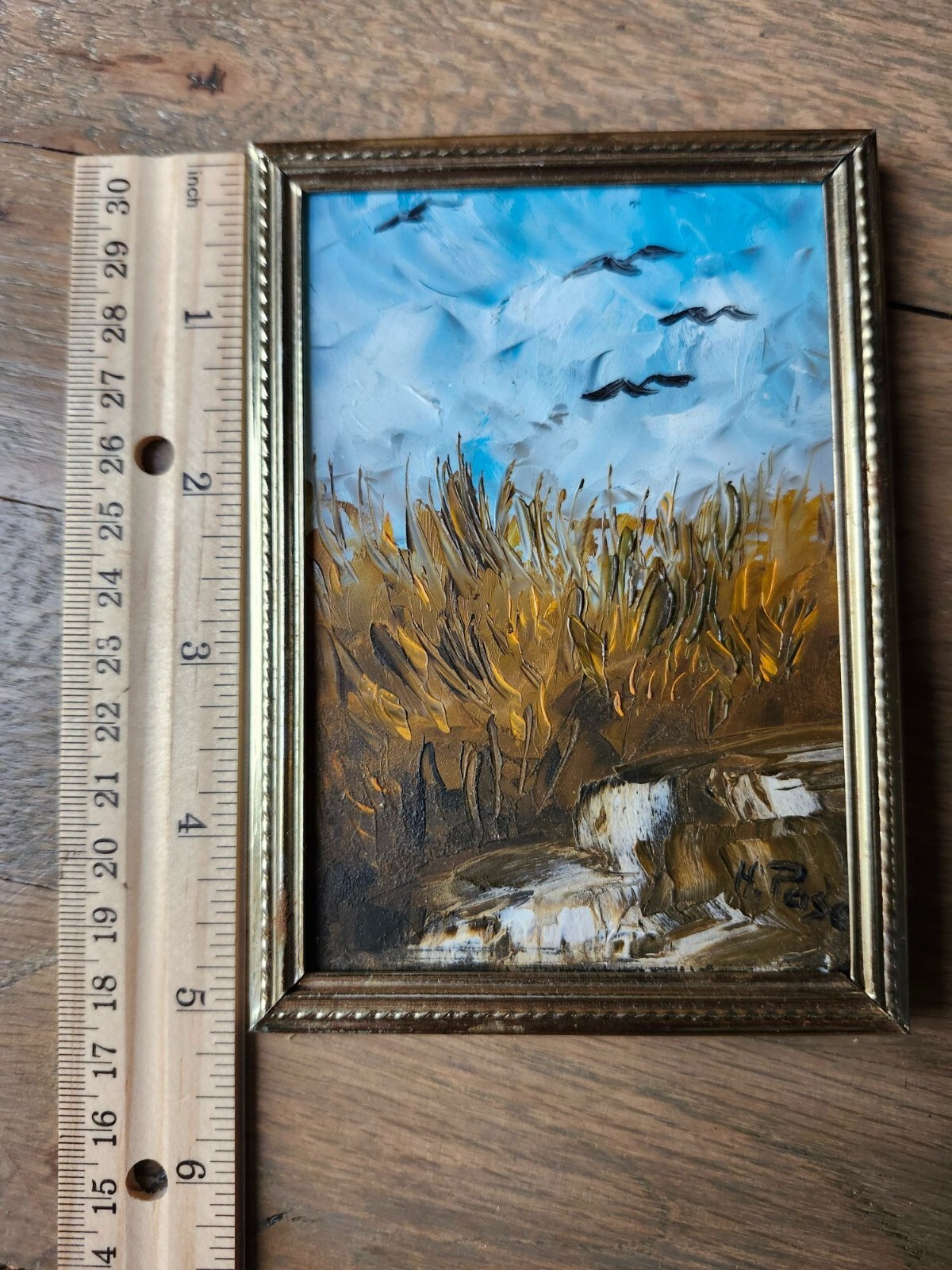 Vintage Landscape Painting on Glass, Ornate Brass Frame 5.5×4″