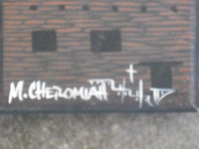 small signed Indian pueblo with petroglyphs painting by M Cheromiah