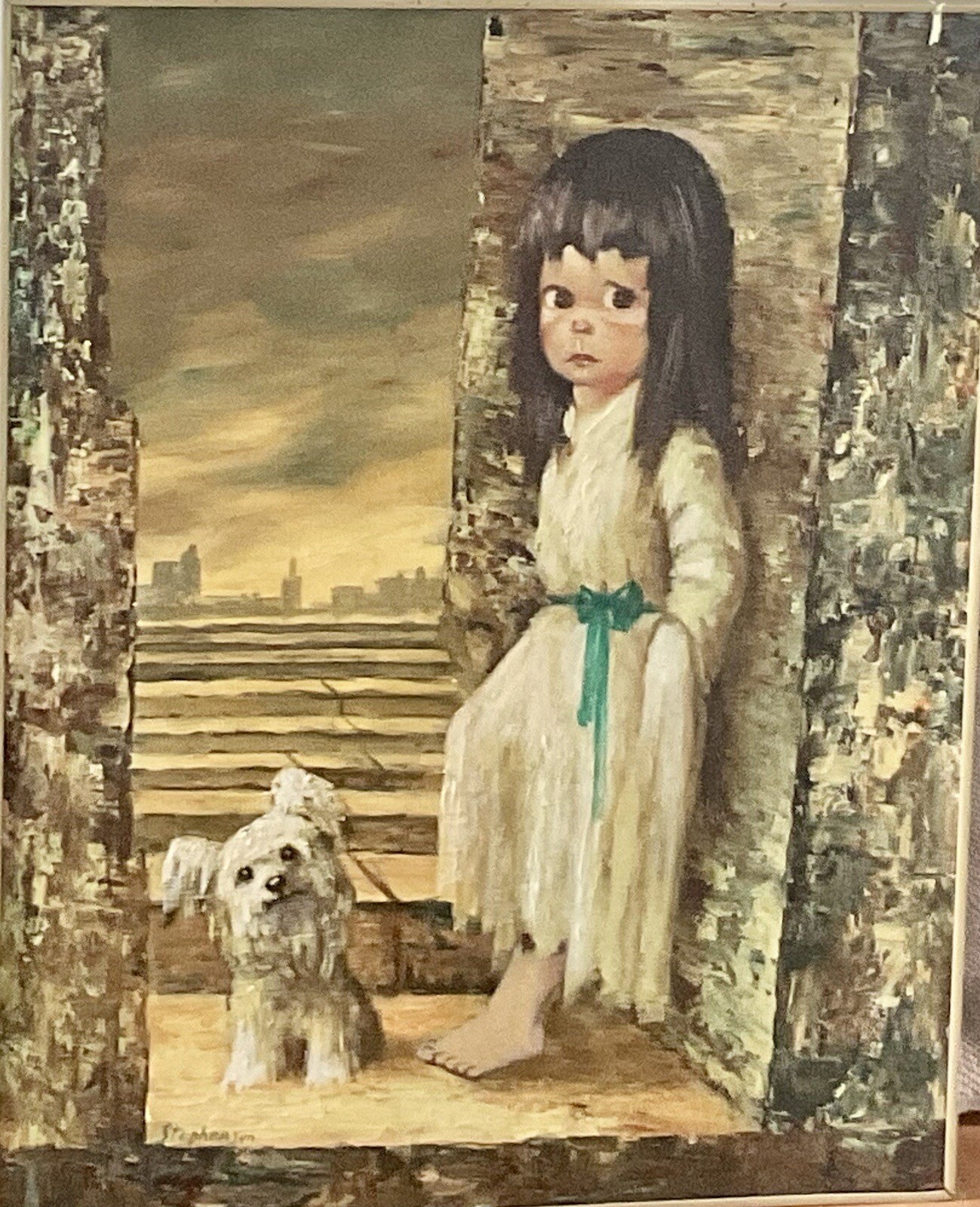 original big eyed girl painting On Masonite By Harold Stephenson Framed-signed