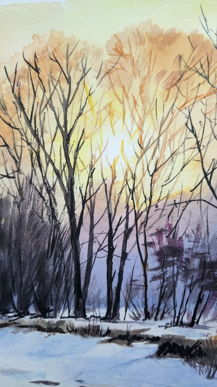 Winter Sunset Landscape Watercolor Painting Snowy Lake Ice Piver Original Art A4