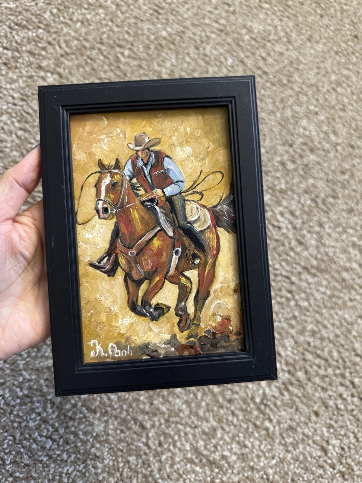 ORIGINAL OIL PAINTING WESTERN COWBOY SIGNED FRAMED 4×6