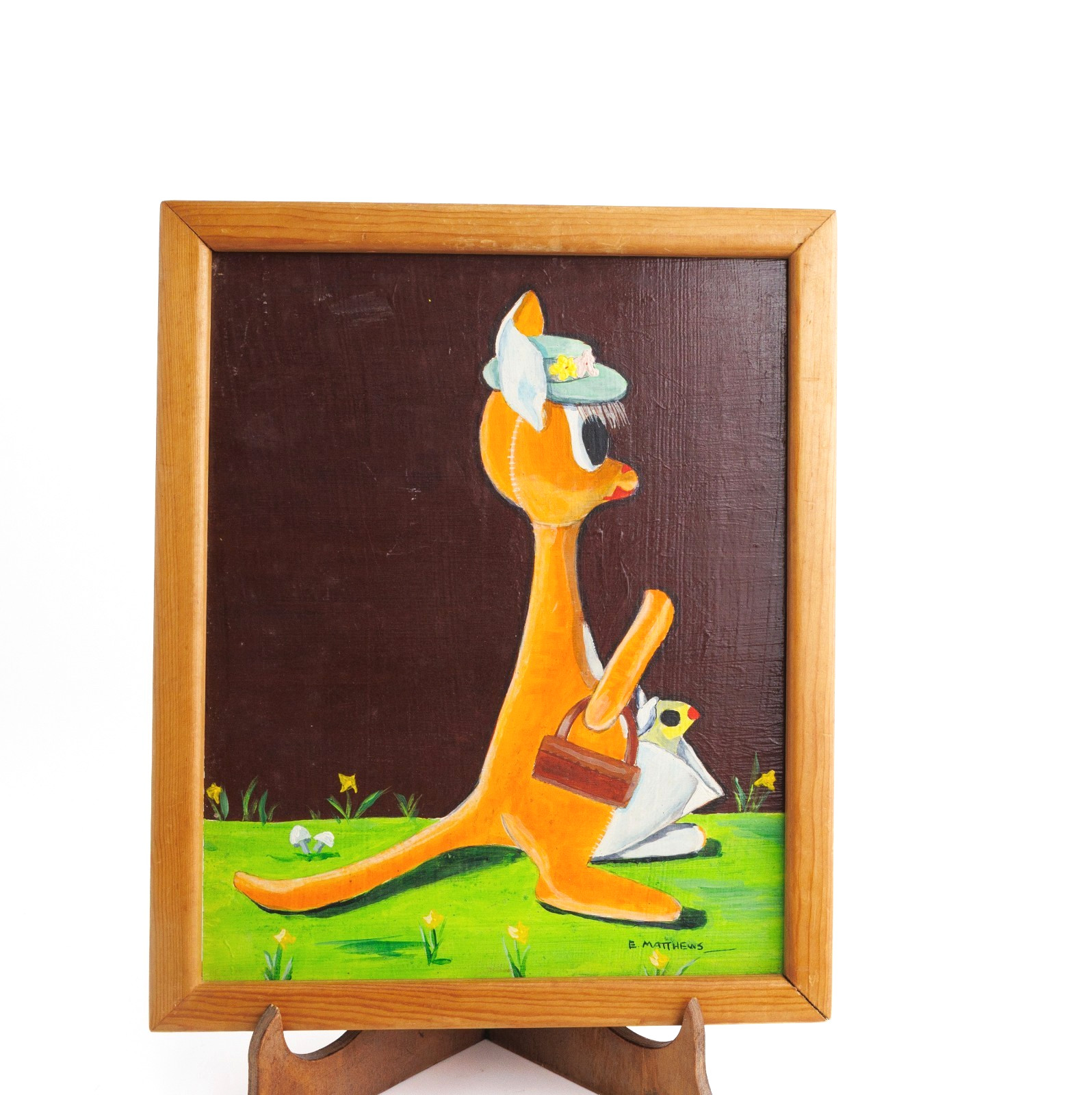 Vintage 1960s Kangaroo Painting Framed Colorful Nursery Art
