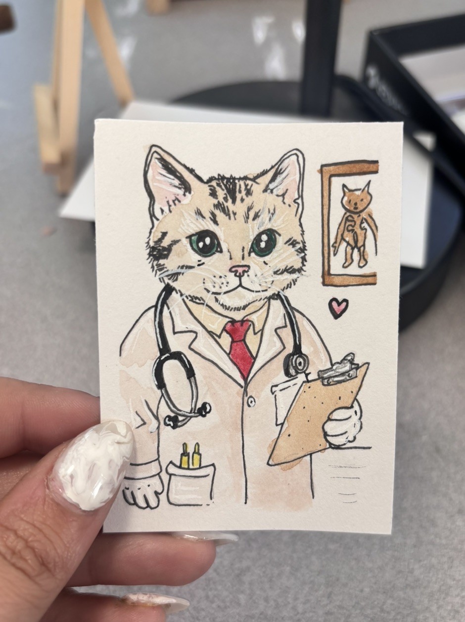 ACEO Original cat doctor anatomy medic whiskers and workboots 4/8 Madison Knoll