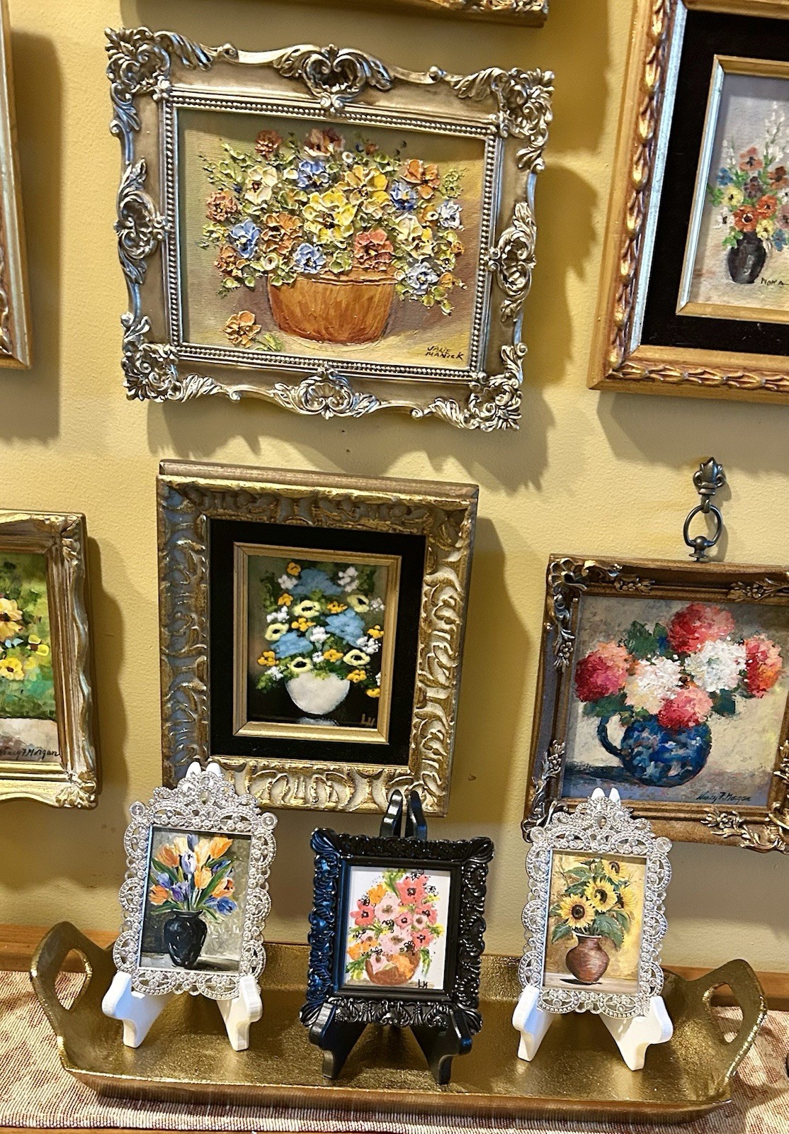LOT Of 3 Miniature Floral Still Life ORIGINAL Acrylic Paintings Framed Easels