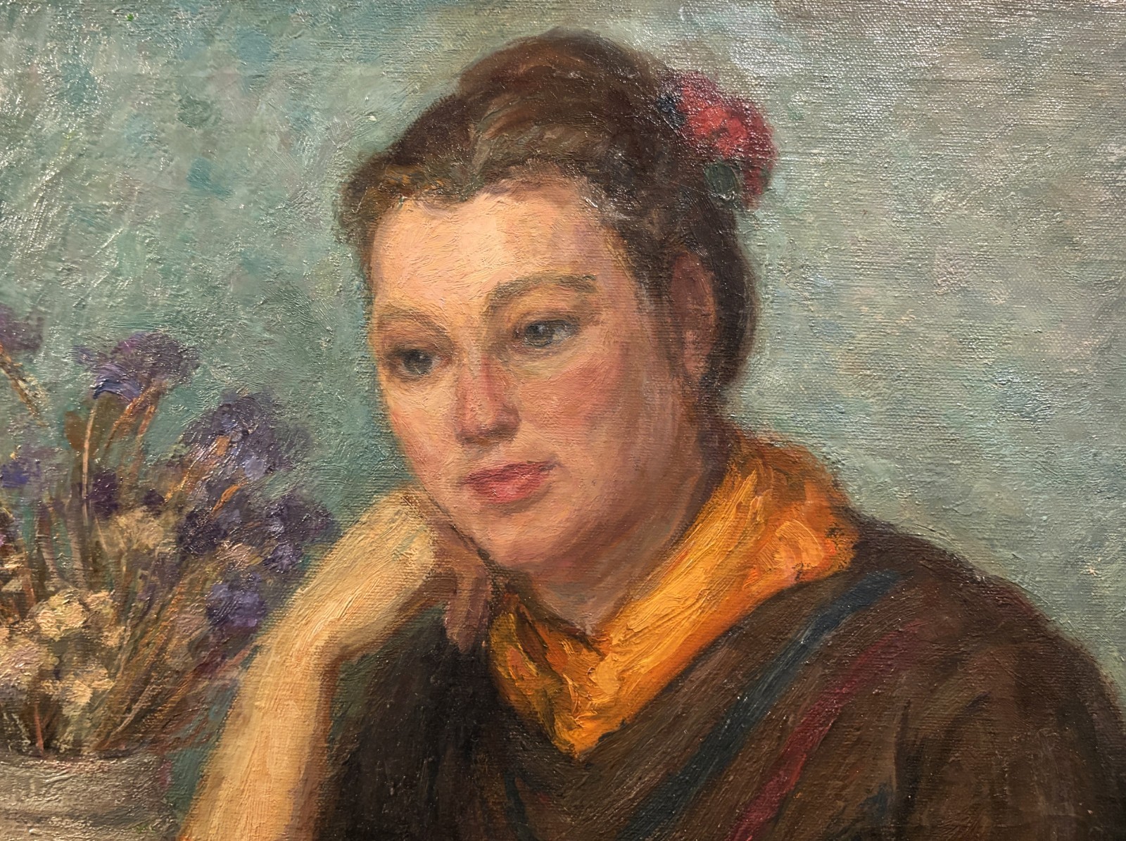 20th c. AMERICAN IMPRESSIONIS OIL PAINTING Portrait of a Woman w/ Purple Flowers