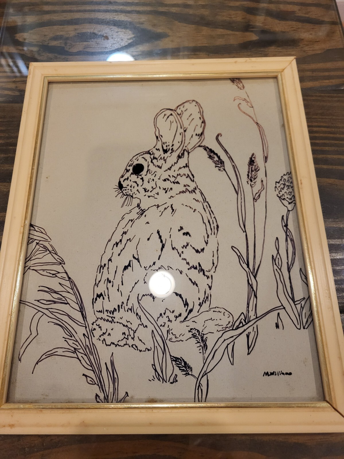 Original Drawing Wall Art Signed Rabbit Mixed Media Glass And Ink OOAK Folk Art