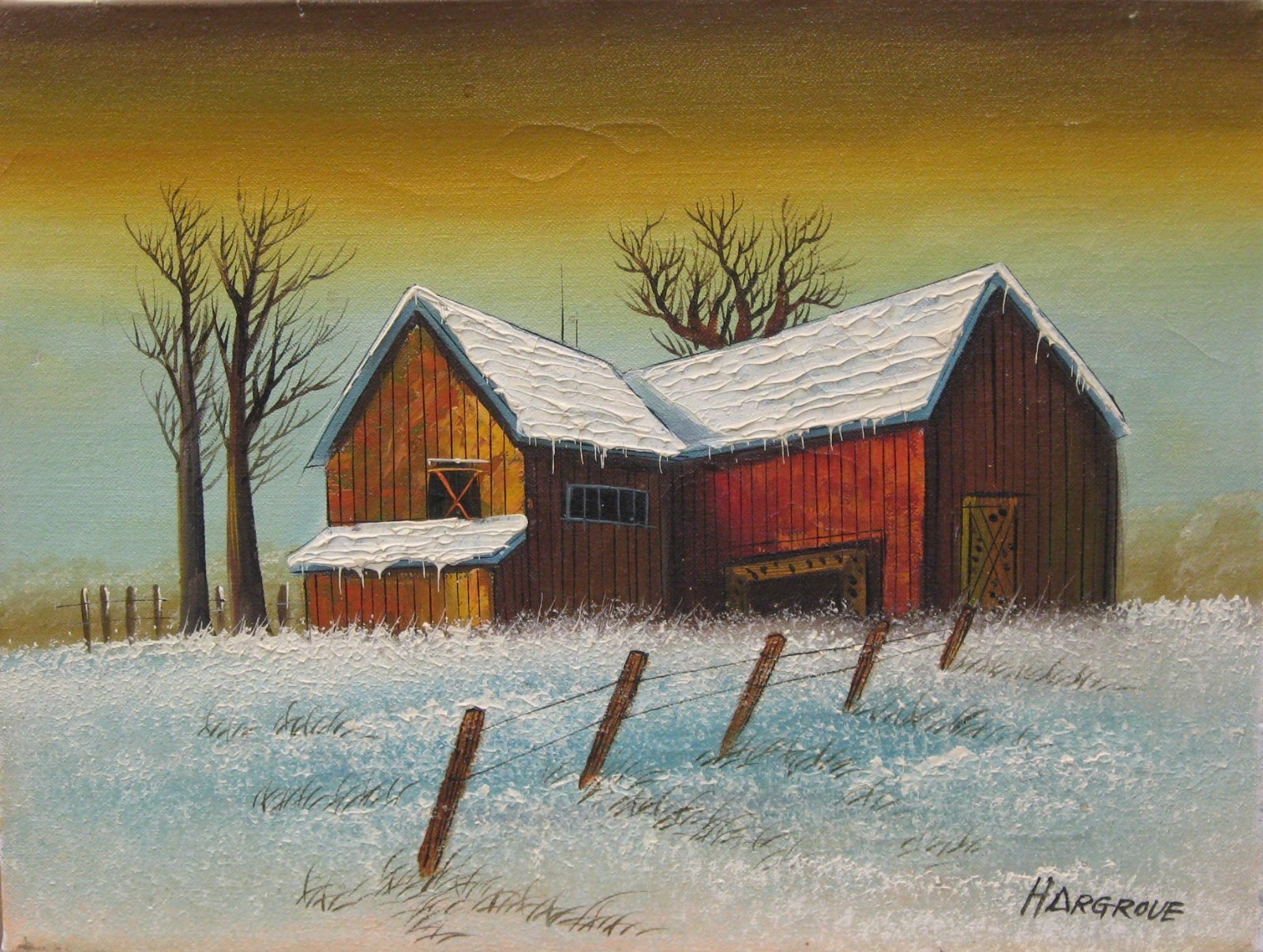REAL (Honest) ORIGINAL H. Hargrove hand painting «Winter Barn»